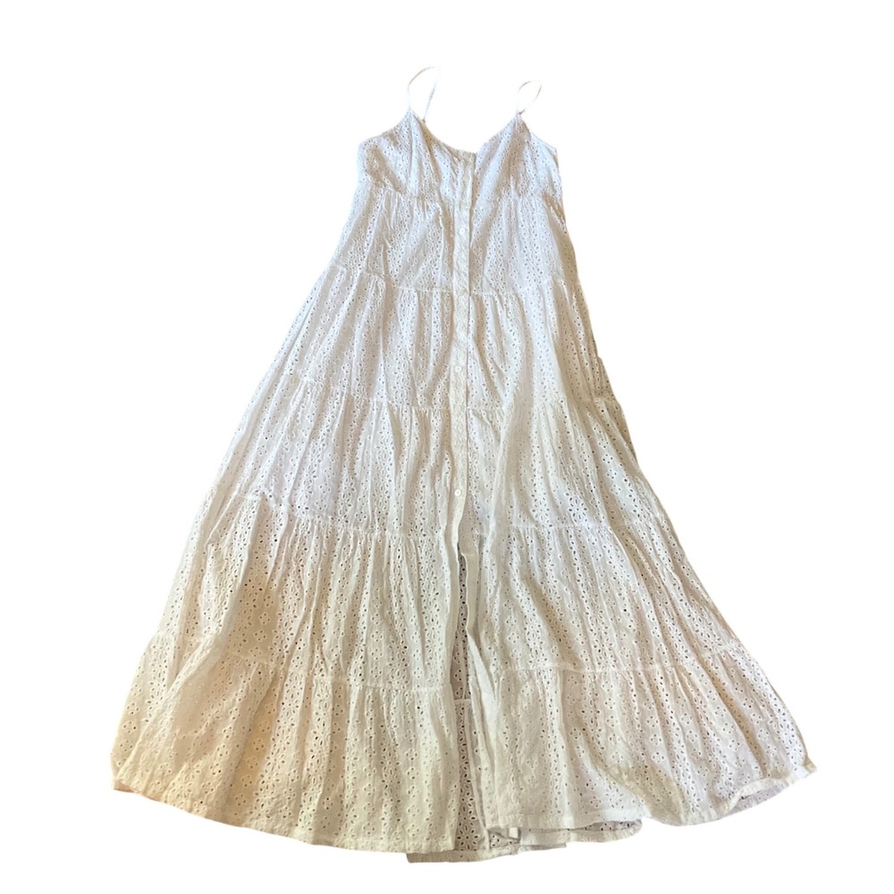 NOM White Eyelet Tiered Maxi Boho Maternity dress Spaghetti Strap Button Front S